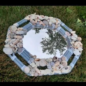 Seashell vtg mirror upcycled bamboo-like hand crafted beach Real Florida…